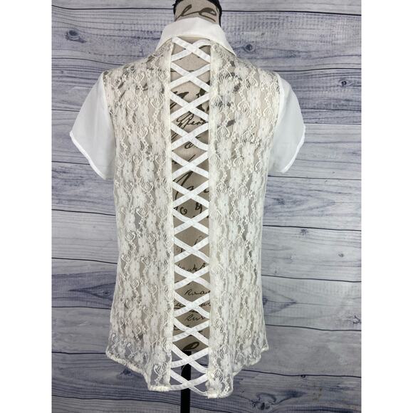 Uno Core Sheer Top Womens S Floral Lace Lattice Back Short Sleeves Collar White - Picture 1 of 10